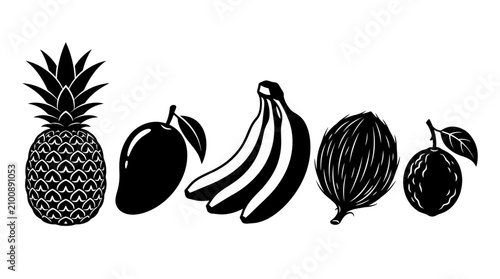 Set of hand drawn black and white tropical fruit icons.