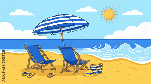 Two blue folding chairs under a striped sun umbrella on a sunny sandy beach with gentle ocean waves under a bright summer sky