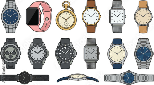 Quadro su tela Wrist watch vector illustration set featuring smart watch digital pocket watch l
