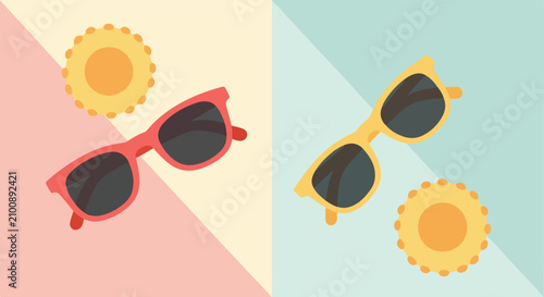 Minimalist flat vector illustration featuring red and yellow sunglasses with stylized sun icons on a colorful geometric background.