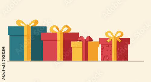 A row of four stylized gift boxes in shades of teal, red, and yellow, adorned with bows, rests on a thin line against a plain background.