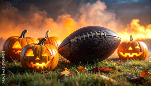 A football and jack-o'-lanterns illuminated by an eerie glow on a grassy field, with autumn leaves scattered around.