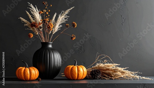 A still life arrangement featuring a black vase with dried flowers and grasses, flanked by two small pumpkins and a pinecone. The dark, textured background adds a dramatic and autumnal feel