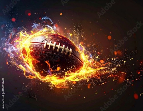 An American football is ablaze with fiery energy, symbolizing power and passion on the field. The dramatic lighting and explosive motion capture the intense spirit of the sport