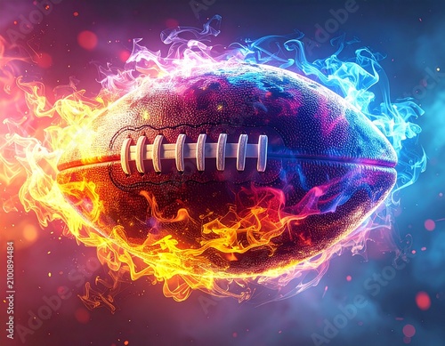 A football surrounded by vibrant flames, symbolizing intense energy and passion. The fiery glow, transitioning from warm orange to cool blue, creates a dynamic and captivating visual effect