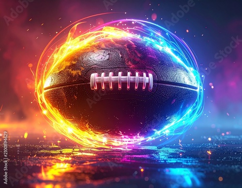 A dynamic football encased in a vibrant, energetic sphere of fire and light, symbolizing power and intense competition