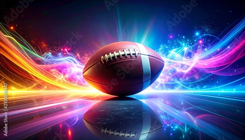 An American football sits on a reflective surface, illuminated by vibrant, energetic streaks of colorful light, suggesting motion and excitement