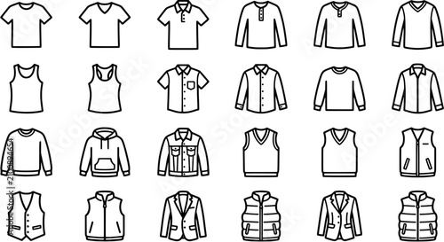 Clothing icon set in a minimalist line art style including t-shirts, shirts, sweaters, hoodies, vests and jackets. Editable vector illustration of apparel symbols on white.