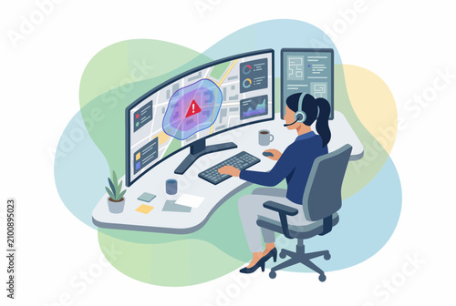 Female Dispatcher Monitoring Emergency Rescue and GPS Data
