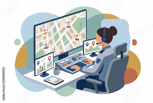 Isometric Female Wildlife Dispatcher Monitoring Emergency Rescue Alerts