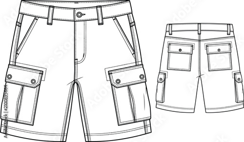 Photos Technical Flat Sketch of Cargo Shorts with Belt Loops, Flap Pockets, and Button