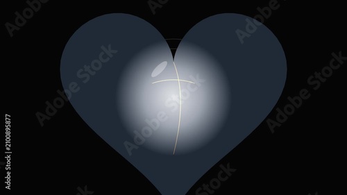 Glowing Christian Cross Symbol Appearing Inside A Dark Floating Heart