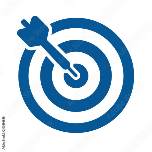 Minimalist solid blue vector icon of a bullseye target with a dart hitting the center, representing goals, success, and accuracy, isolated on a white background.