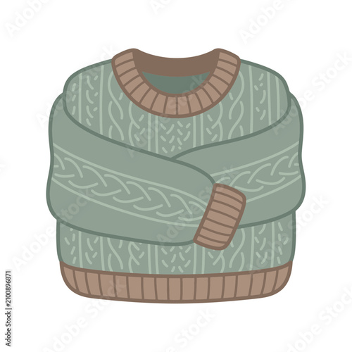 Cozy flat vector illustration of a folded knitted sweater in muted green and brown colors, representing autumn and winter fashion, isolated on a white background.