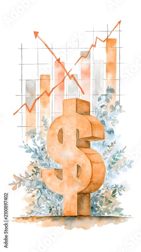 Watercolor Financial Growth Concept with Dollar Symbol and Upward Trend Chart on Abstract Background