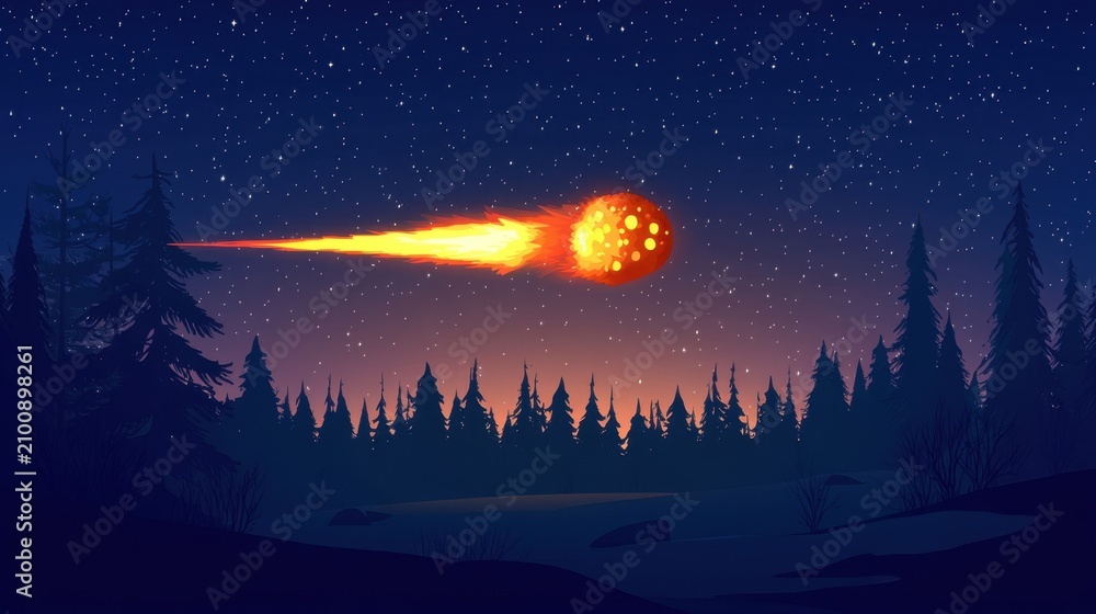 Fototapeta premium Stylized Fiery Comet Streaking Across Night Sky Illustration