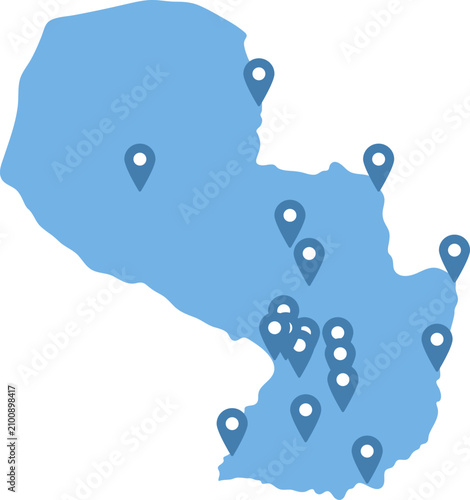 Paraguay simplified map with location pins on departments capitals, infographic vector