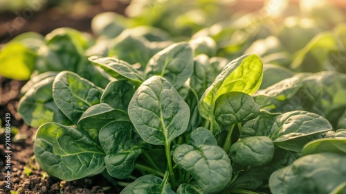 Young Tender Spinach Leaves Unfurling in Sunlight