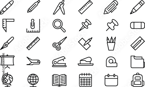 Fotografija Comprehensive school and office supply vector icon set featuring thin line stati