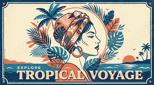 Retro travel poster featuring a stylized woman profile surrounded by lush tropical palm leaves and a sunset ocean landscape view