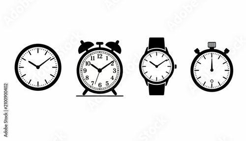 Фотография Clocks and watches are arranged in a horizontal row to represent various methods of timekeeping