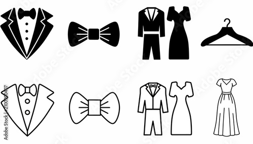 Foto Formal wear icons display various styles of tuxedo jackets, bow ties, and evening dresses for black tie events