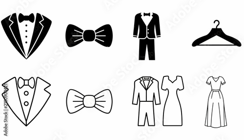 Fotografie Tuxedo and formal wear icons are displayed in a collection of black and white silhouette graphics