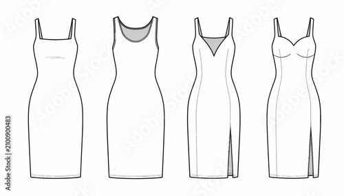 Tableau sur toile Dresses are shown as a series of four technical fashion sketches featuring varied necklines and silhouettes