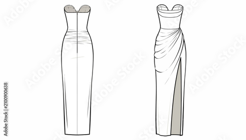 Photos Dress designs presented in a front and back view showcase the intricate draping and side slit details essential for high-end evening wear production and fashion cataloging