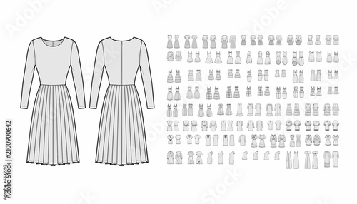 Canvas-taulu Dress technical sketches showcase front and back views alongside a comprehensive catalog of garment variations