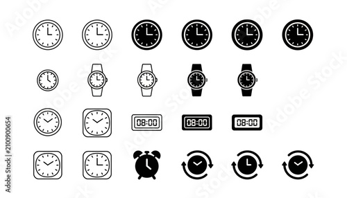 Photos Clocks and watches appear as a grid of various timekeeping icons ranging from analog wall designs to digital displays