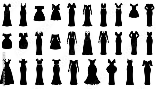 Photos Dresses displayed as a collection of black silhouettes represent a variety of formal evening gown styles for fashion design purposes