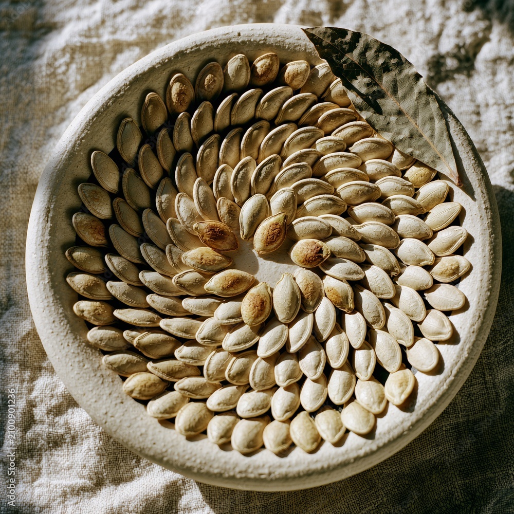 Obraz premium Toasted pumpkin seeds arranged in radial spiral in ceramic bowl