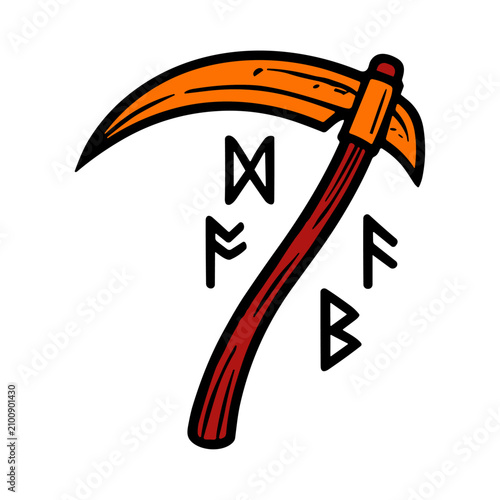 Stylized illustration of a scythe with ancient Nordic runes isolated on a white background.