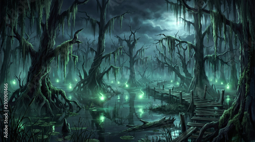 eerie swamp landscape twisted cypress trees draped in spanish moss glowing green wisps hovering over dark water haunting mystical environment beautiful conceptual digital scene