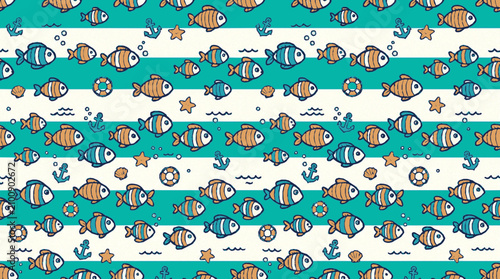 Canvastavla Seamless nautical pattern featuring colorful tropical fish and marine elements o