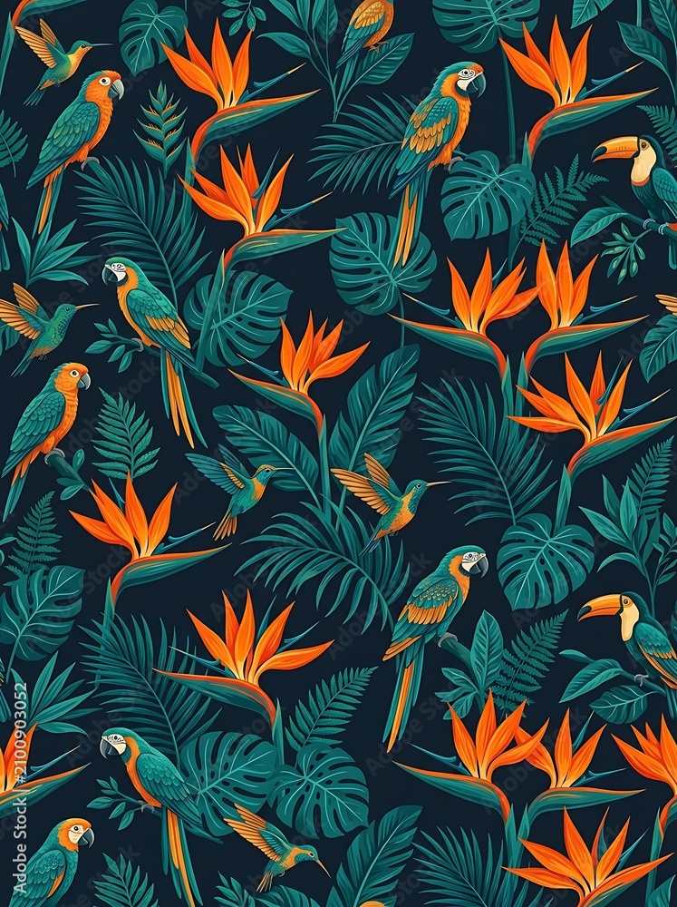 Obraz premium Seamless tropical pattern with parrots and exotic flowers
