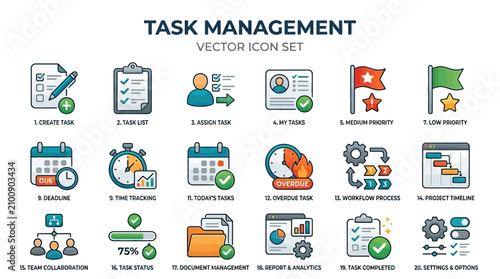 A collection of task management icons depicting various business productivity symbols on a white background