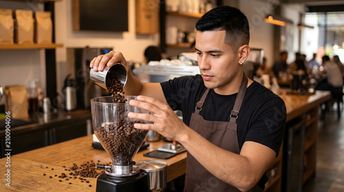 Barista preparing coffee beans in grinder at cafe