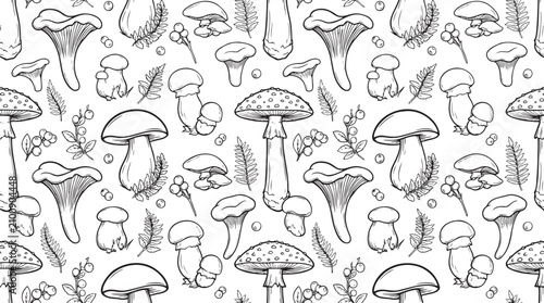 Seamless woodland mushroom pattern with line art chanterelles and amanita fungi