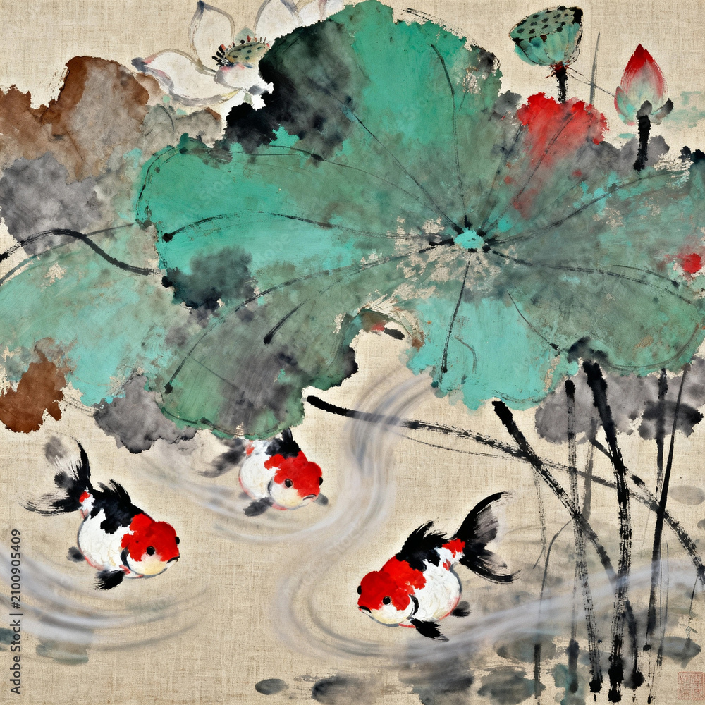 Fototapeta premium Chinese Ink Wash Goldfish and Lotus Leaf Painting