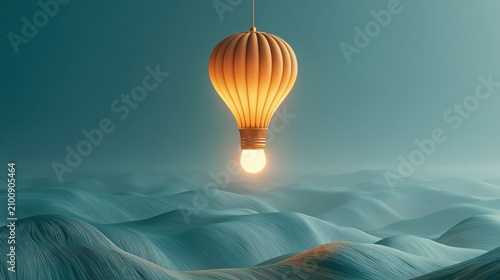 Hot air balloon shaped like a glowing lightbulb drifting over a landscape