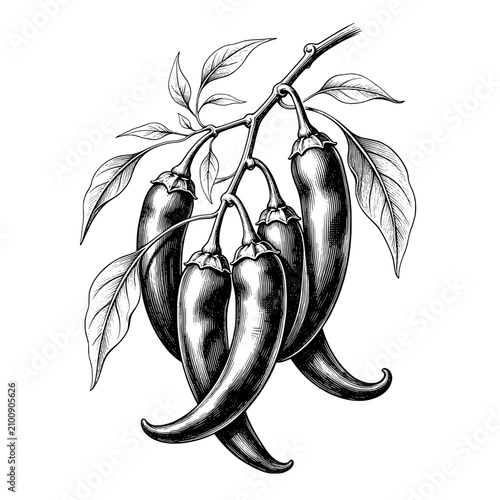 Hand Drawn Chili Pepper Branch Botanical Illustration