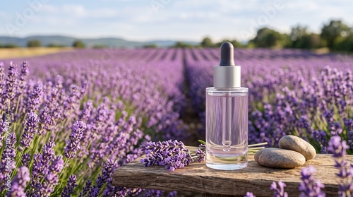A clear glass dropper bottle of lavender essential oil sits on a wooden surface in a blooming purple lavender field.