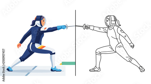 Photos Fencing duel: colored athlete vs line drawing opponent, action pose