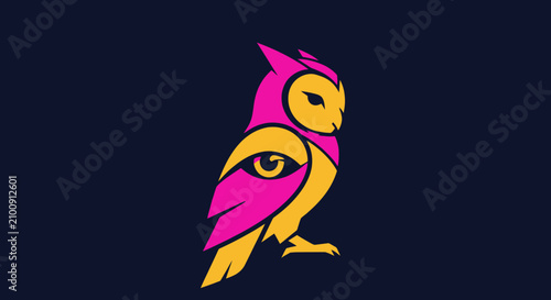 A stylized owl icon in vibrant pink and yellow, with an eye detail, on a dark blue background