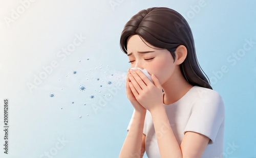 Woman sneezing with tissue in allergy concept illustration
