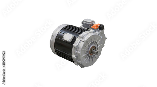 Powerful electric vehicle motor with metallic casing and black cooling fins isolated on white background