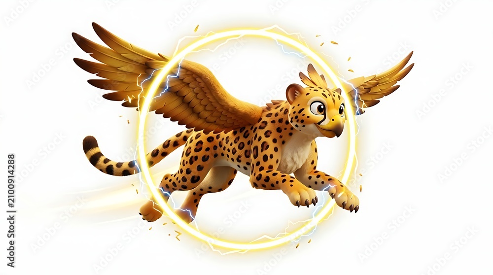 Fototapeta premium Mythical winged cheetah jumping through glowing energy ring