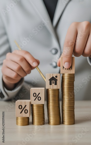 Hands placing a wooden house block on tall coin stacks symbolizing real estate investment and financial growth